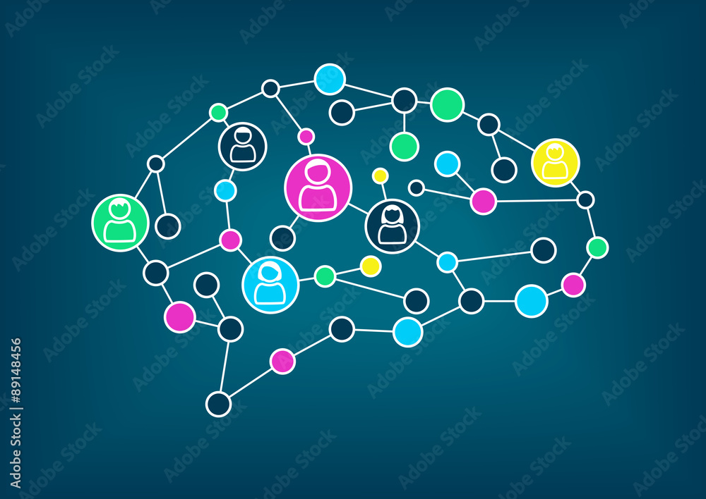Poster swarm intelligence or crowd sourcing concept. vector illustration of simplified brain with connectio