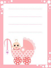 Shower card with cute baby in pink stroller.