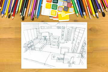 architectural planning of interiors design on a desk with painting tools