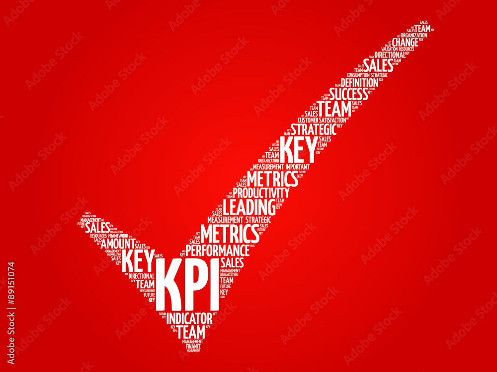 Poster kpi - key performance indicator check mark, vector business concept words cloud