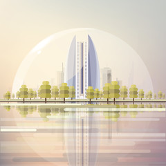 futuristic urban cityscape under air balloon reflecting in a water © Diana Hlevnjak