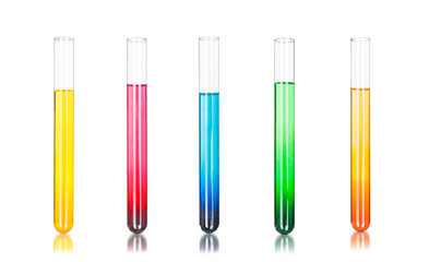 Colored liquids in five test tubes isolated over white backgroun - obrazy, fototapety, plakaty