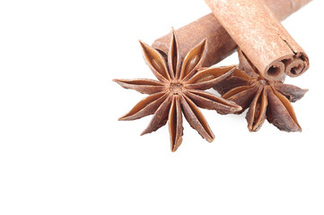 cinnamon stick and star anise spice on the white