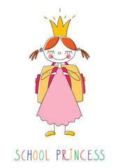 Doodle illustration of a funny little princess with schoolbag on a white background; vector artwork for a card or t-shirt print