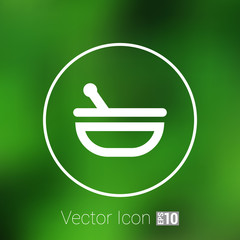 Mortar and pestle with blue tablets icon