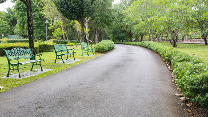 chair beside walkway in park