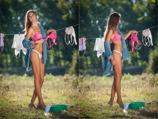 Sexy brunette woman in bikini and shirt putting clothes to dry in sun.