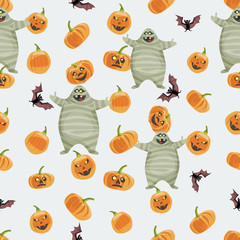 Seamless colorful background made of pumpkin, mummy and bat