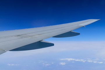 Aircraft wing on the clouds,flying background