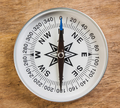 compass on the background of the wooden planks