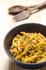 Thai spicy bamboo shoot salad on wooden table background