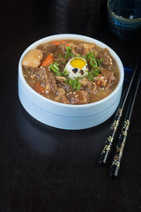 japanese cuisine. beef soup on the background