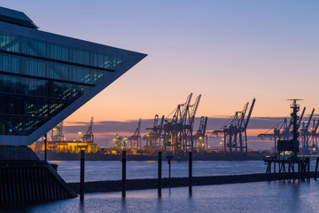 Dockland Office building in modern part of Hamburg Port at dusk