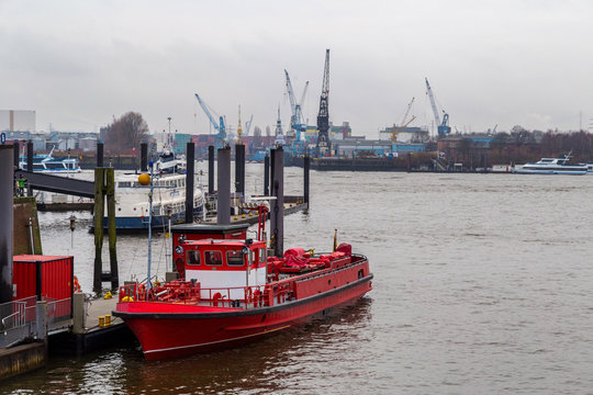 Fireboat anchored at Port of Hamburg