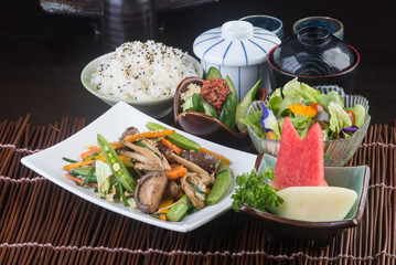 japanese cuisine. fried mix vegetables on the background