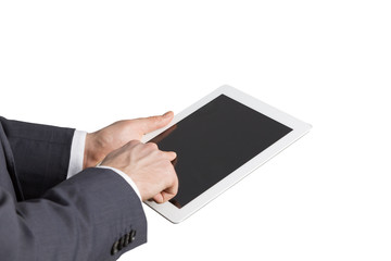 Close-up of side view of a businessman's hands. Browsing in the Internet. Isolated.