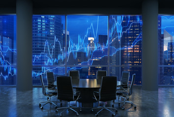 Panoramic conference room in modern office, cityscape of New York skyscrapers at night, Manhattan....