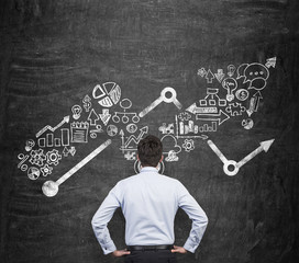 Rear view of the businessman who is thinking about business opportunities. Growing arrow and...