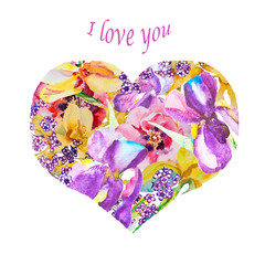 Watercolor flowers heart. Handmade greeting cards.