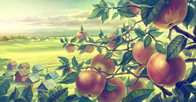  Summer landscape with apple branches. Digital paint.