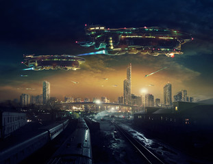 Urban landscape of post apocalyptic future with flying spaceships. Life after a global war. Digital art.