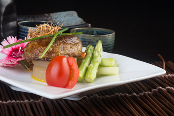 japanese cuisine. beef cube on the background