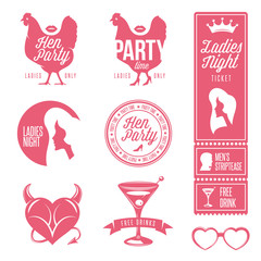 Fototapeta na wymiar Hen party design elements set. Ladies night stamps, signs and