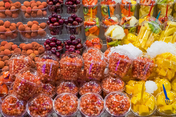 Fruit cocktails seen at the Boqueria market in Barcelona