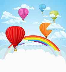 Naklejka premium hot air balloons in the clouds background. vector illustration