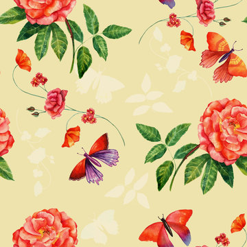Vintage style watercolour roses and butterflies seamless pattern