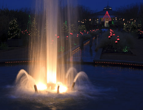 Fountain lit up at night during Christmas at Daniel Stowe Gardens near Charlotte, North Carolina