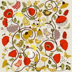 Fototapeta premium Floral pattern with butterflies and birds