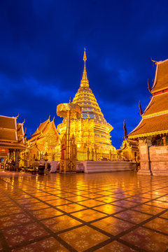 The Golden Pagoda In Twilight Of Wat Phra That Doi Suthep