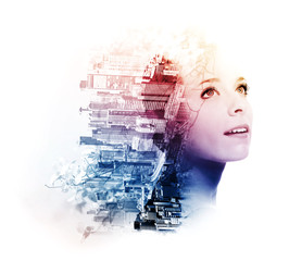 Double exposure of young woman with metropolis and doogwood
