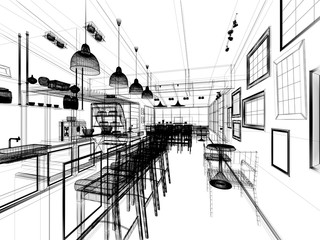 sketch design of coffee shop ,3dwire frame render 