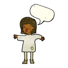 cartoon woman in patched clothing with speech bubble