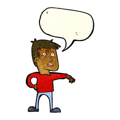 cartoon man making camp gesture with speech bubble