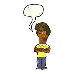 cartoon man with folded arms with speech bubble