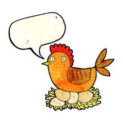 cartoon hen on eggs with speech bubble