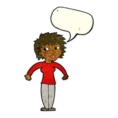 cartoon woman shrugging shoulders with speech bubble