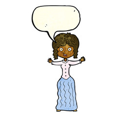 cartoon worried victorian woman with speech bubble