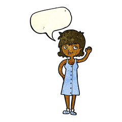 cartoon pretty woman waving with speech bubble
