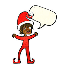 cartoon excited christmas elf with speech bubble