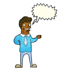 cartoon salesman with speech bubble