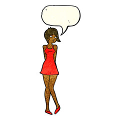 cartoon pretty woman in dress with speech bubble