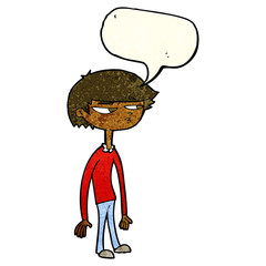cartoon suspicious boy with speech bubble