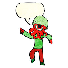 cartoon alien man dancing with speech bubble
