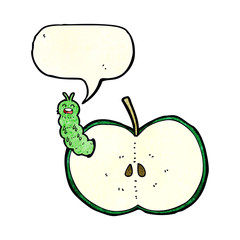 cartoon bug eating apple with speech bubble