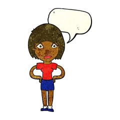 cartoon worried woman with speech bubble