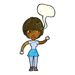 cartoon waving woman with speech bubble